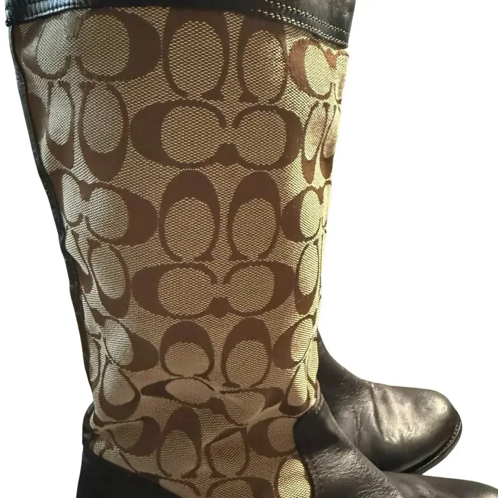 Coach Chrissi Signature C Riding Boots, Leather & Jacquard Canvas, Size 7.5 B